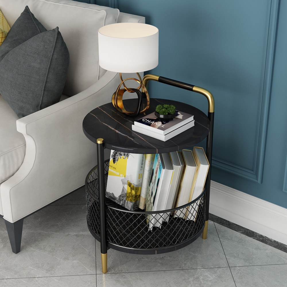 

Round End Table with Storage Shelf Stone Side Table, Black