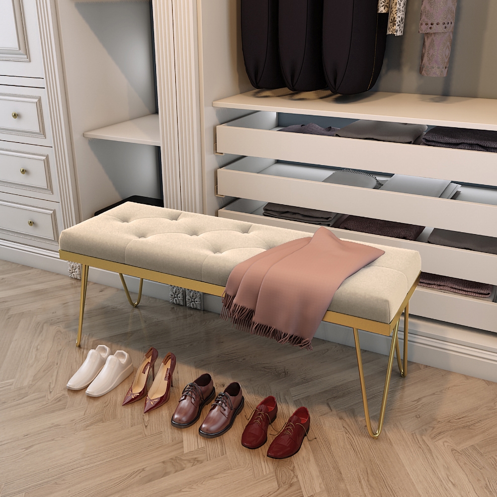 

Beige Tufted Entryway Bench Upholstered Velvet Modern Bench in Gold