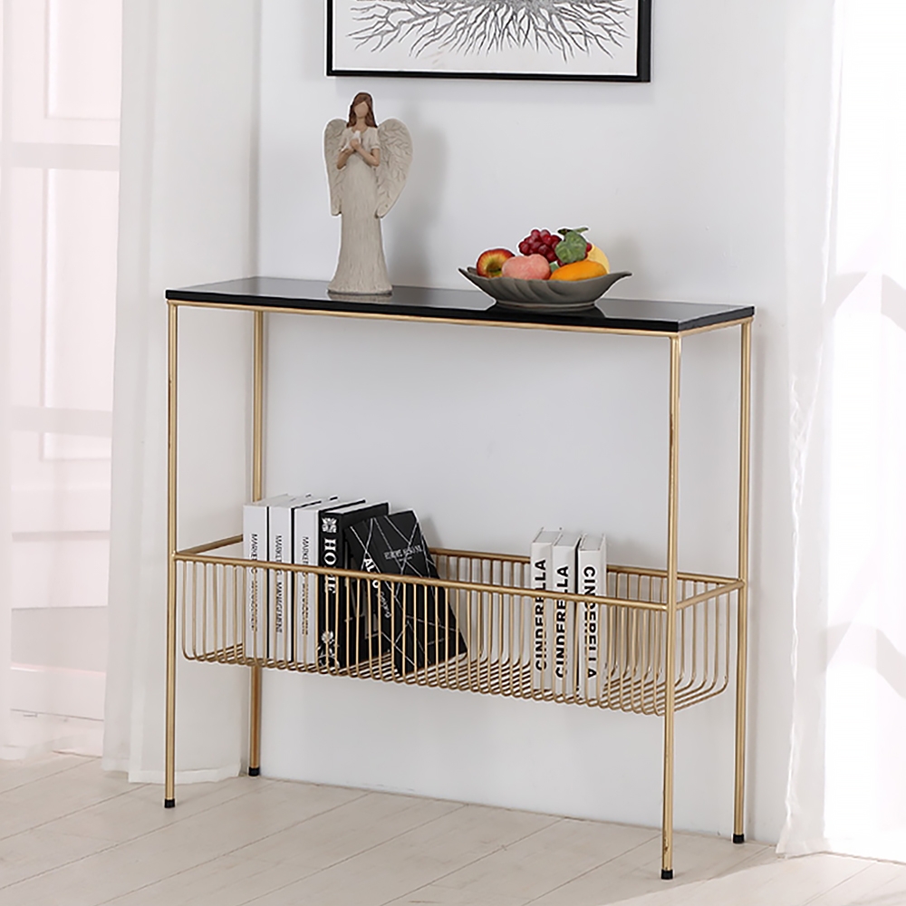

Black Rectangular Narrow Console Table with Shelf Modern Metal in Gold