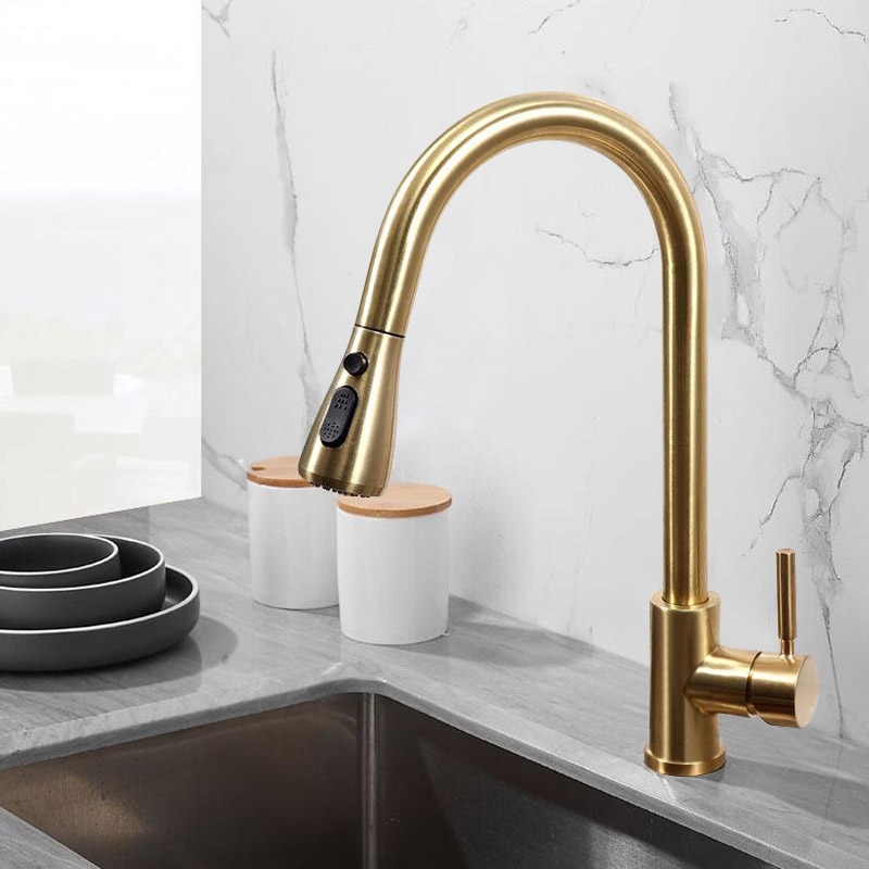 Pull Out Kitchen Faucet Brushed Gold with Double Function Sprayer
