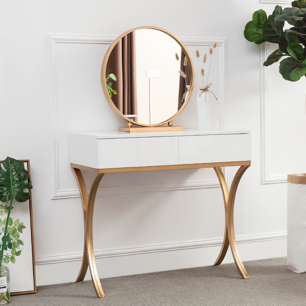 White Wood Makeup Table with Round Mirror & Chair Set Gold Metal Base Small