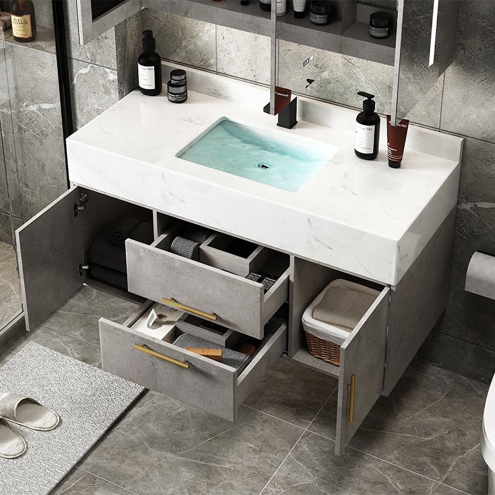 Ensemble de vanité de salle de bain flottant gris de 40 po avec lavabo en céramique intégral en faux marbre