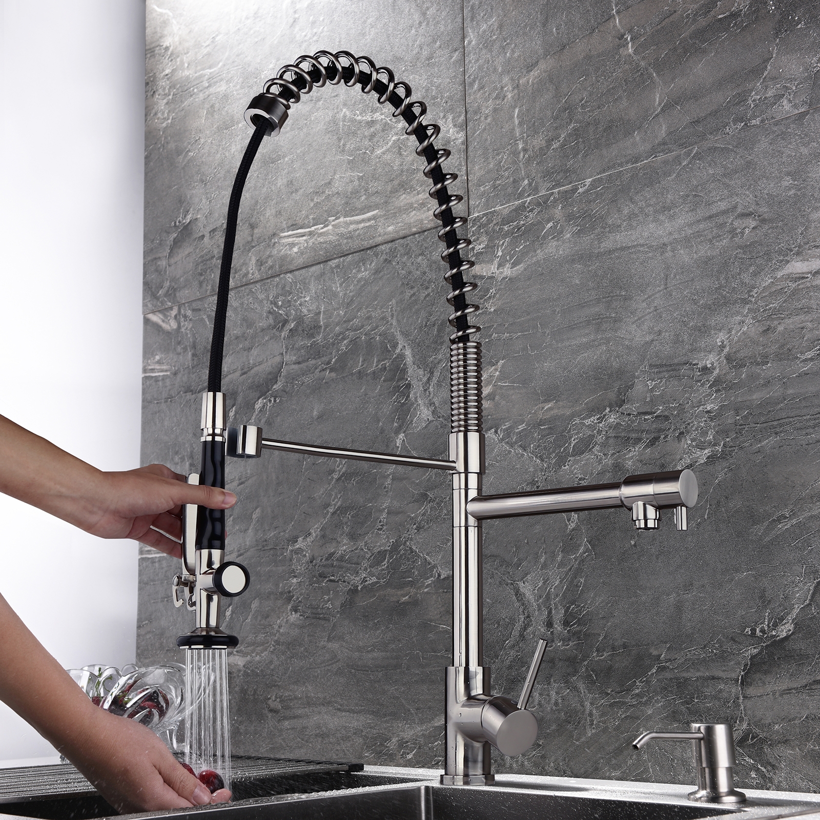 Image of Commercial Pull Down Pre-rinse Spring Sprayer Brushed Nickel Kitchen Sink Faucet with Deck Plate Solid Brass
