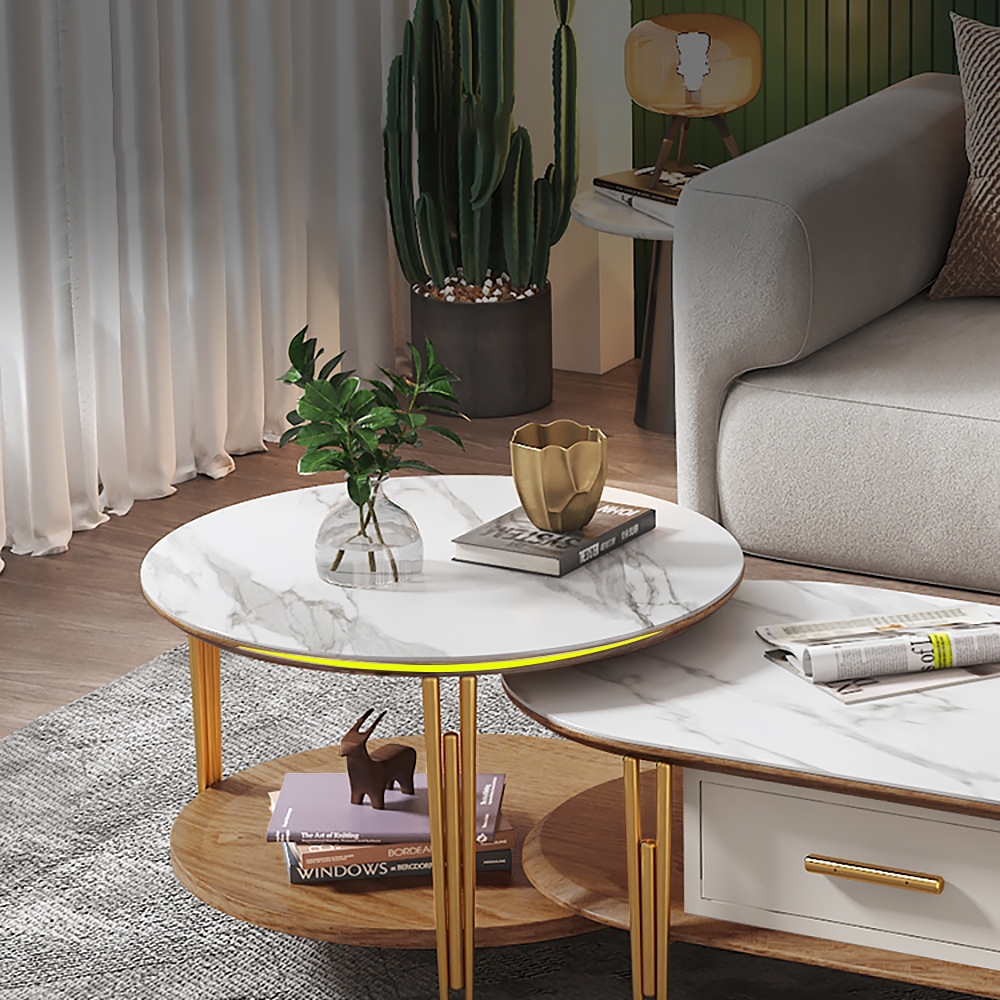 Round & Oval Lift-Top Coffee Table with Storage in White & Green