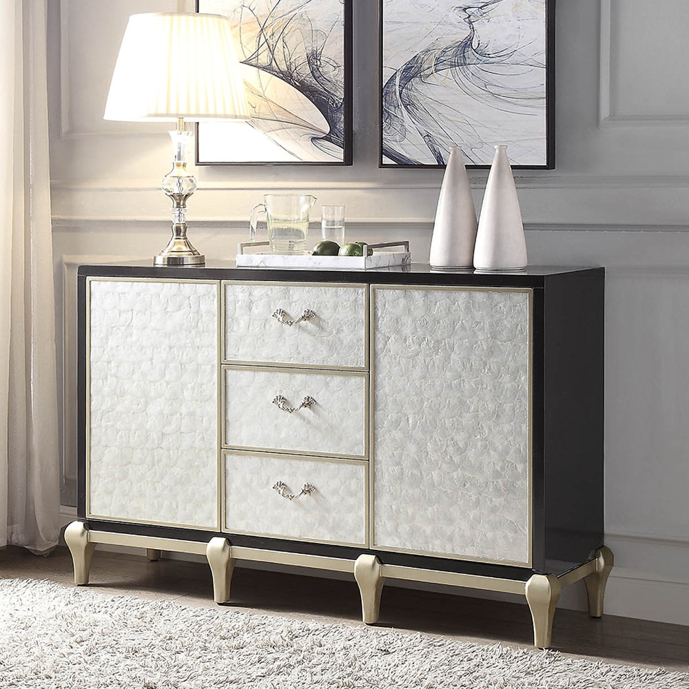 

55" Modern White & Black Sideboard Buffet Natural Shell with Doors & Drawers & Shelves