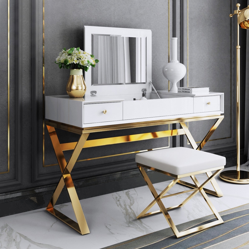 Image of Modern 2-Drawer Wood Makeup Vanity Set with Mirror & Stool X Base Stainless Steel in Gold