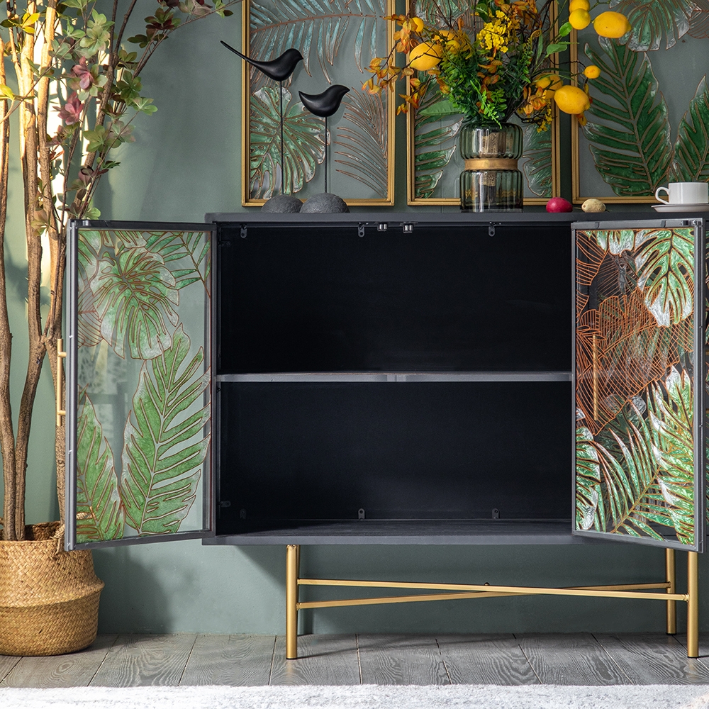 41" Modern Sideboard Buffet Colored Drawing Surface Tempered Glass Doors and Shelves in Gold