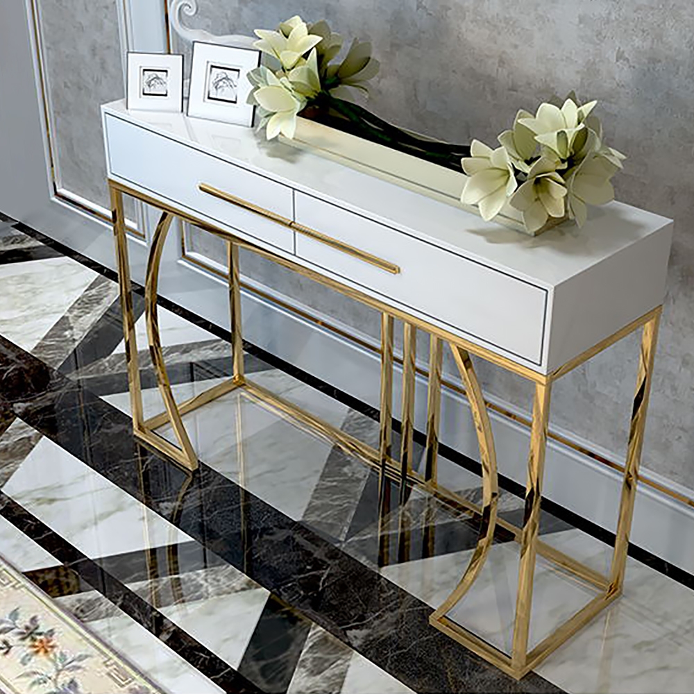 Table console moderne en marbre blanc avec tiroirs et pieds dorés pour couloir