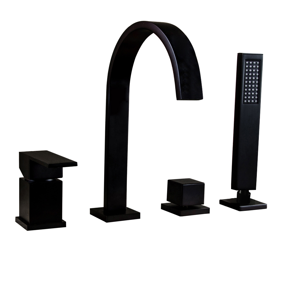 Waterfall Spout Deck-Mount 4-Hole Bath Tap with Hand Shower in Matte Black Solid Brass