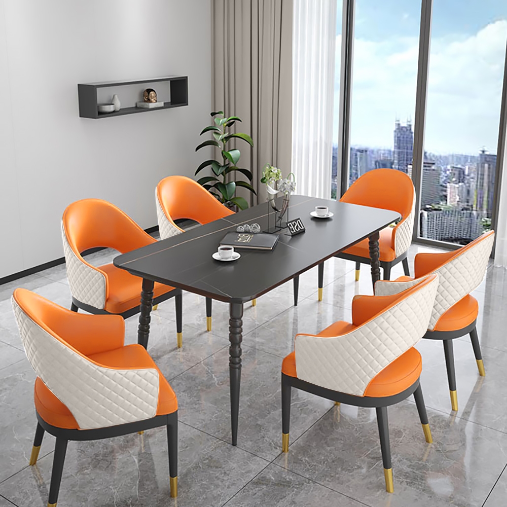 Modern Orange PU Leather Tufted Dining Chair Set of 2 with Hollow Back & Arms