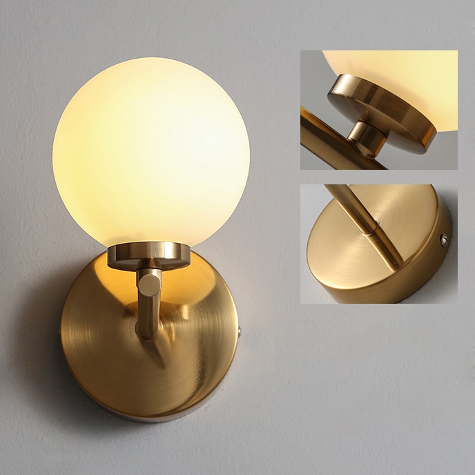Contemporary Minimalist Milky White Globe Glass Shade Wall Sconce Vanity Light 1-Light in Gold