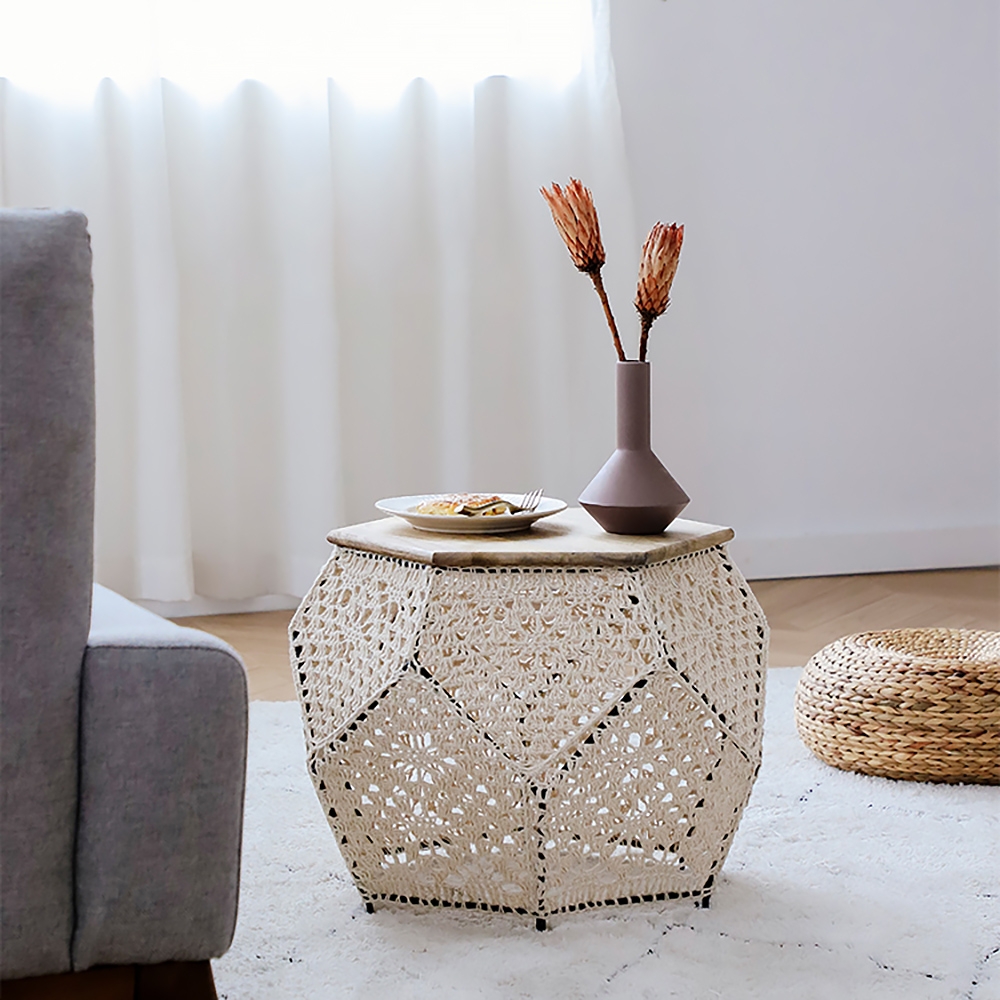 

Nordic Boho Style Hexagon Coffee Table Lace Hand-knotted Accent Table