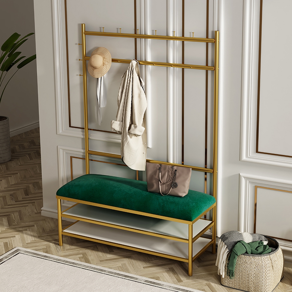 Image of Entryway Hall Tree with Shoe Storage Bench Green Velvet Upholstered Gold Clothing Rack
