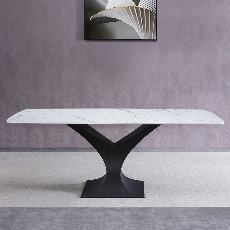 71" Modern Rectangle Stone Dining Table with Black Metal Y-Base in White
