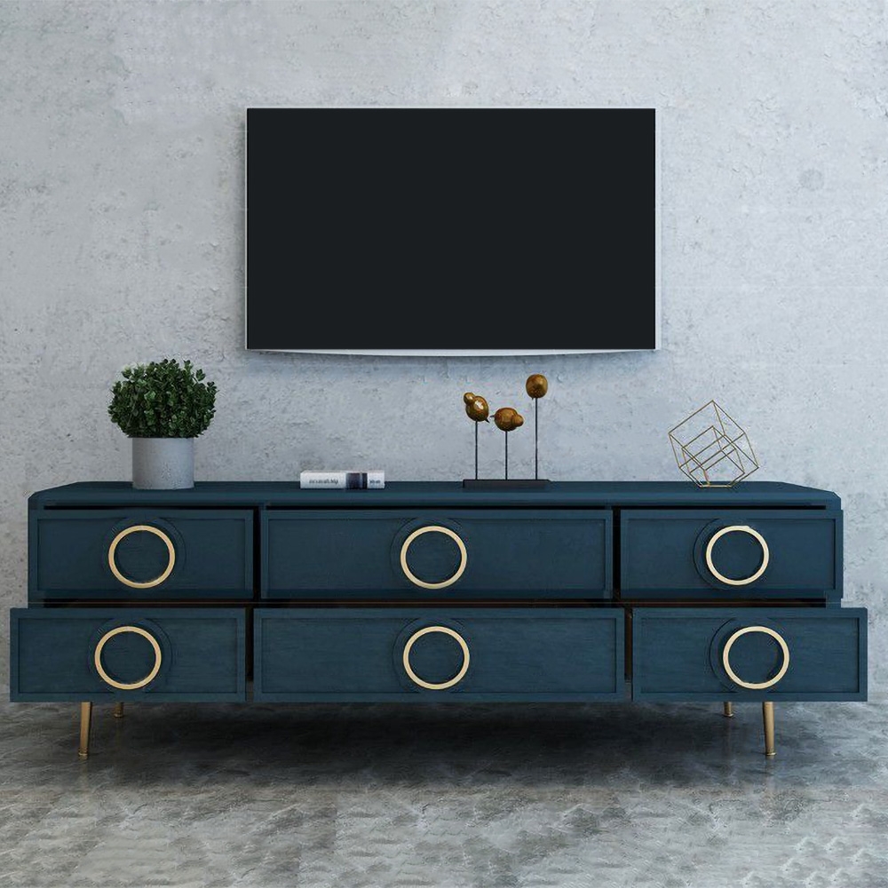 Meuble TV bleu marine avec tiroirs de rangement pour téléviseurs avec accents dorés au milieu du siècle