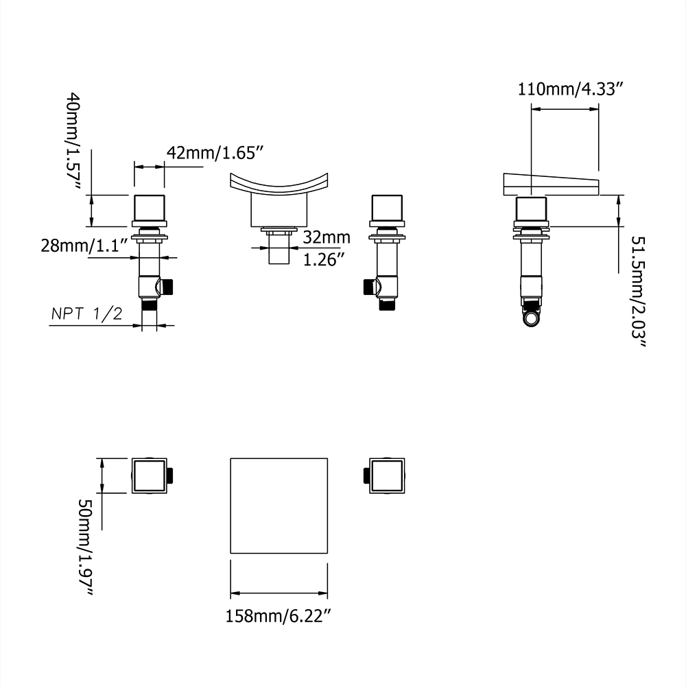 Grop Matte Black Waterfall Widespread Bathroom Sink Faucet Double Knobs