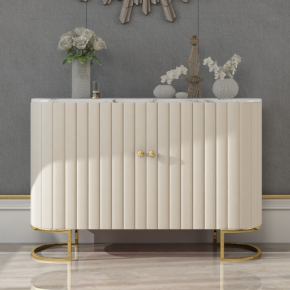 Epaule Off White Modern Sideboard Buffet PU Leather Sideboard Cabinet with Drawers Gold
