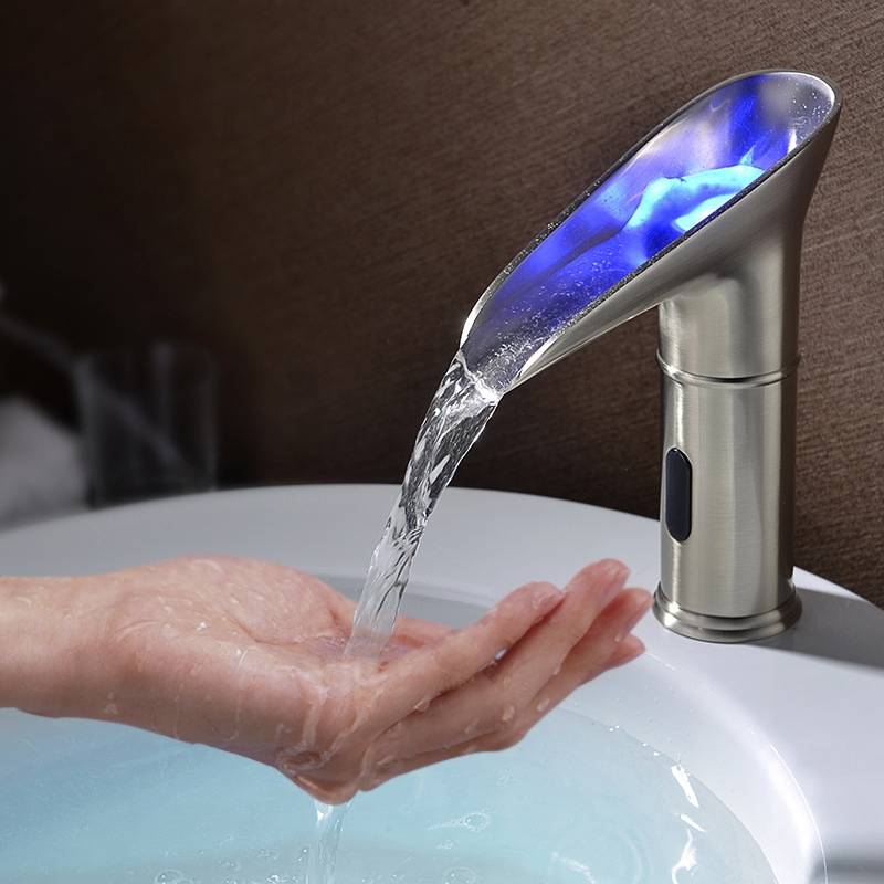LED Single Hole Touchless Electronic Bathroom Sink Waterfall Faucet in Brushed Nickel