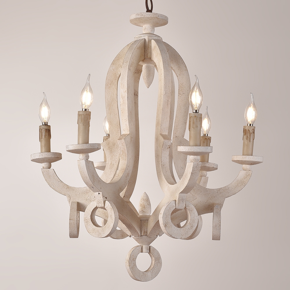 

Audrey Cottage Style Distressed White Wooden  Chandelier with Candle Shaped Light