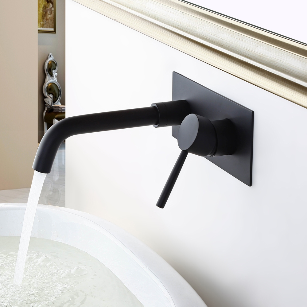 Contemporary Solid Brass Wall-Mount Sink Faucet for Bathroom with Single Handle in Matte Black