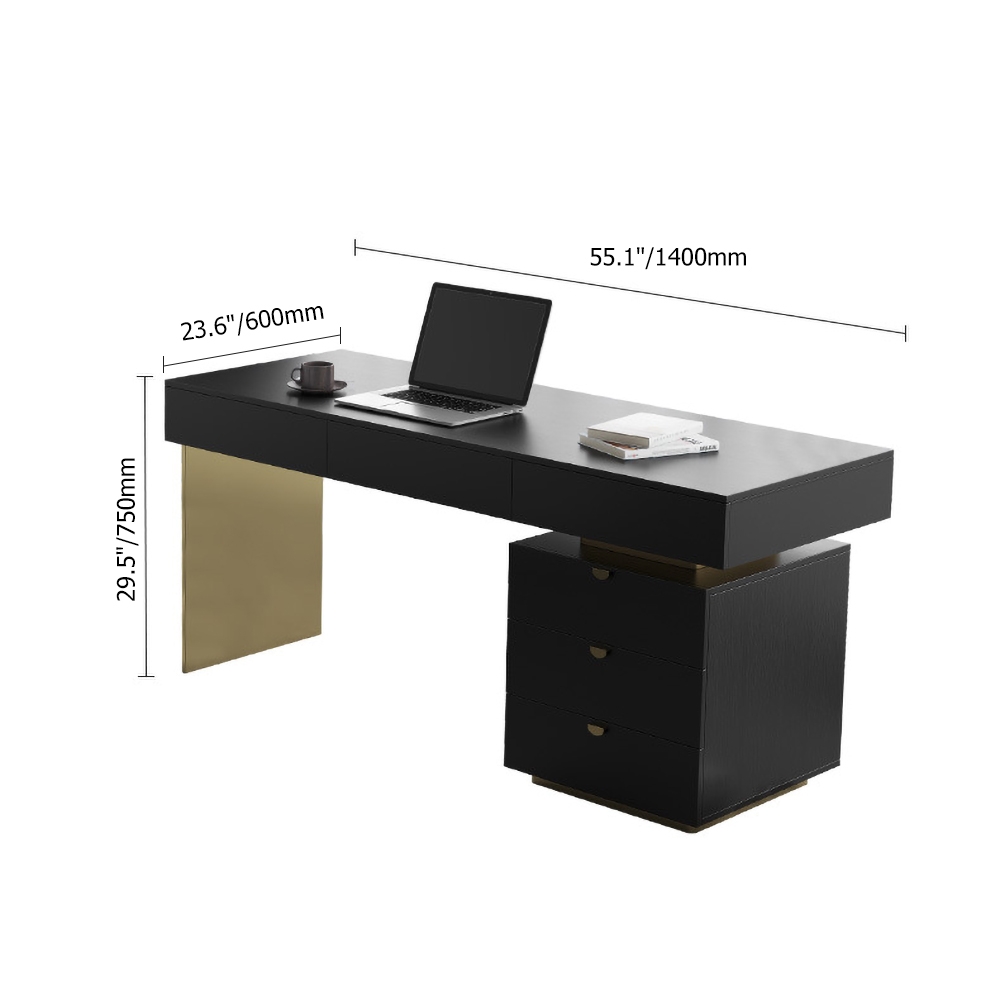 63" Modern Black Office Computer Desk with 6 Drawer & Gold Leg