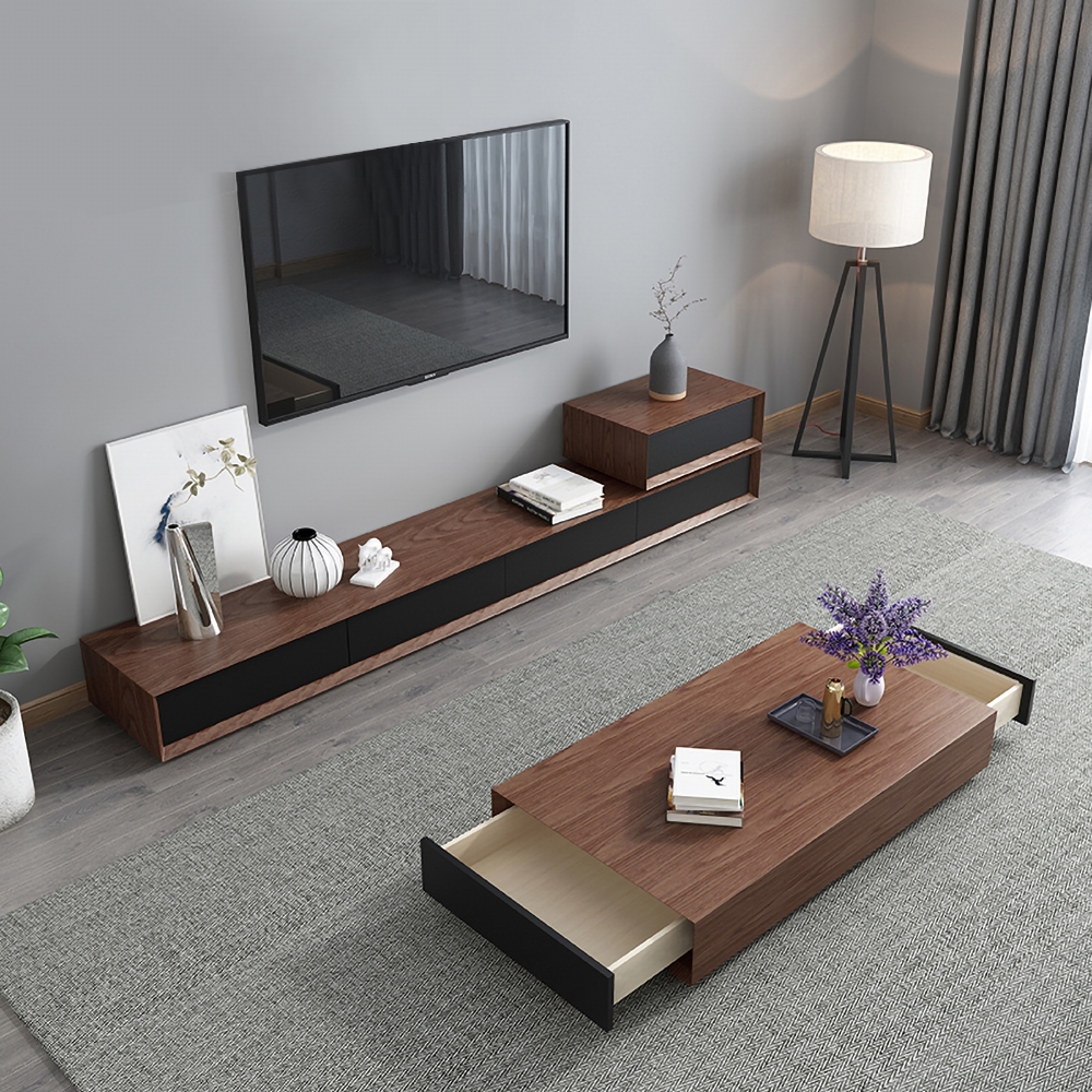 Walnut Rectangular Coffee Table with 2-Drawer Modern Accent Table