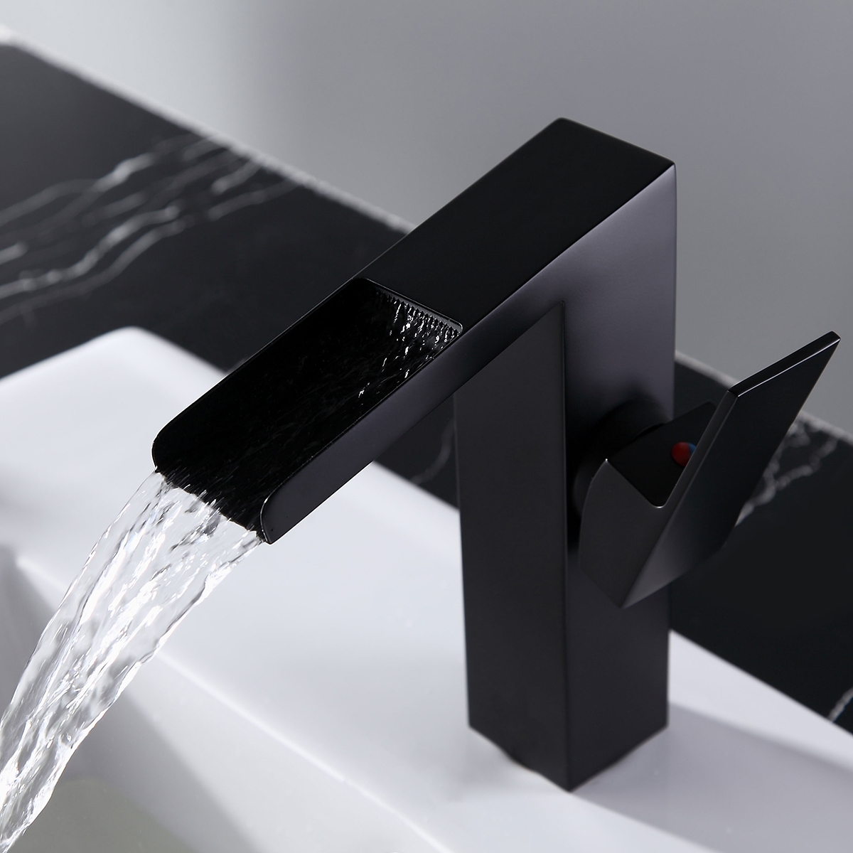 Quad Square Slanted Single Hole 1-Handle Waterfall Faucet Solid Brass for Bathroom Sink in Matte Black