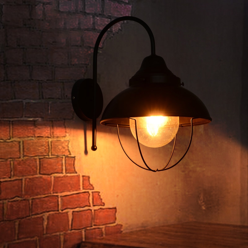 Savy Industrial 1-Light Seeded Glass Black Metal Lantern Wall Light