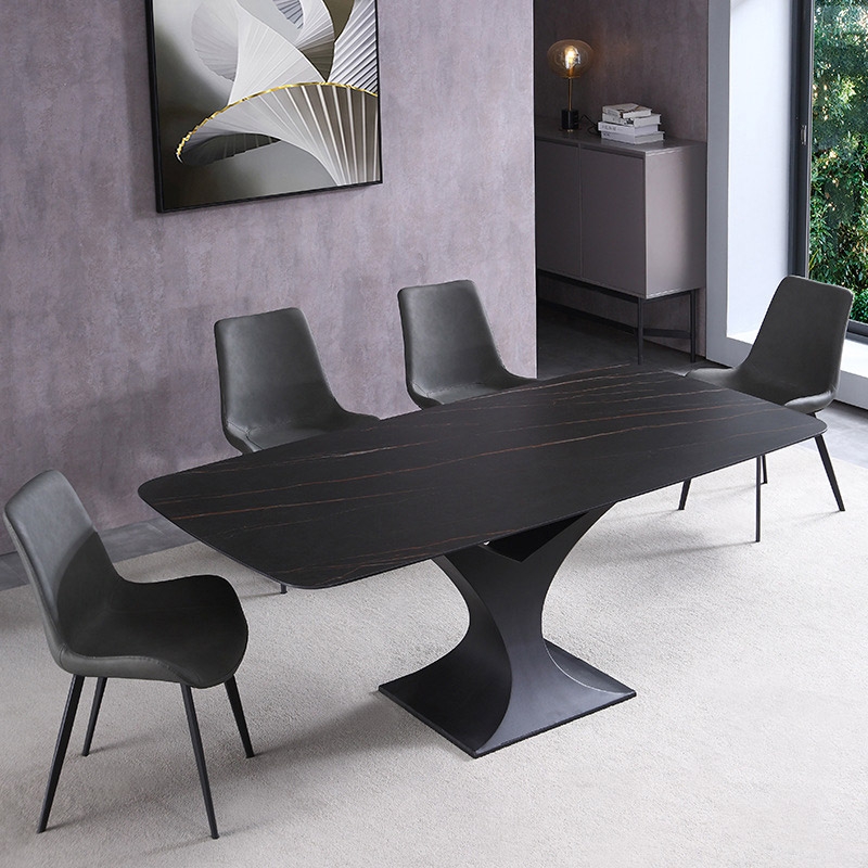 

79" Modern Rectangle Stone Dining Table with Black Metal Y-Base in Black