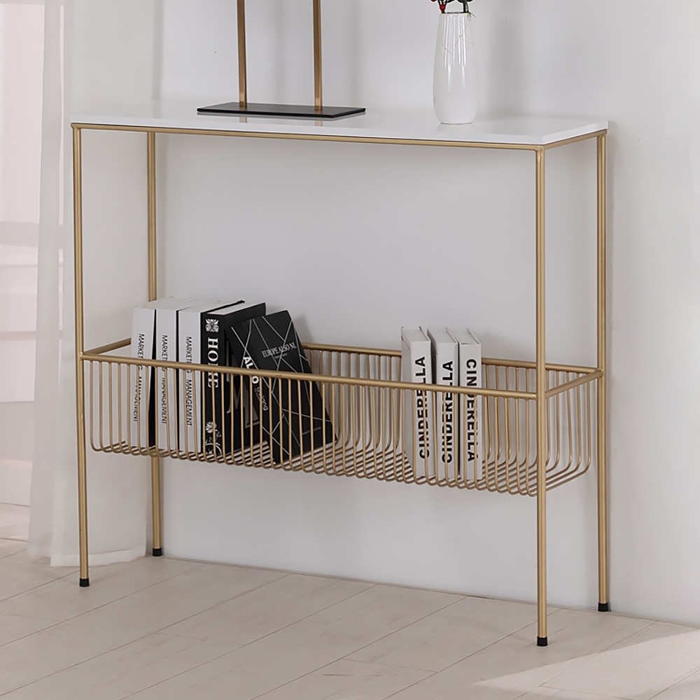 

White Rectangular Narrow Console Table with Shelf Modern Metal in Gold