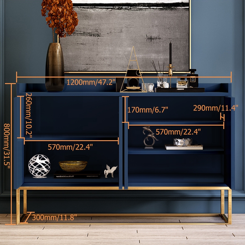 Modern 1200mm Blue Buffet Sideboard Kitchen Sideboard Cabinet with 4 Doors in Gold