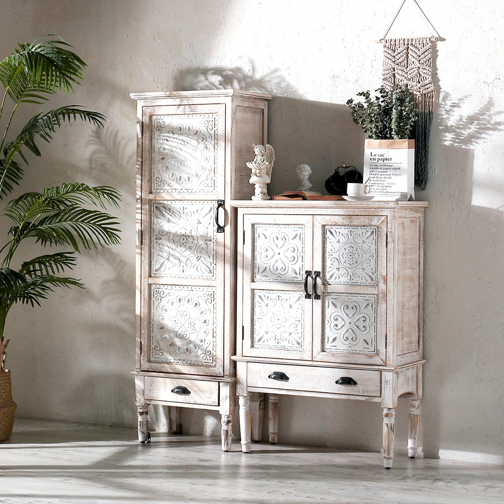 Distrate Distressed White Wood Display Cabinet with Storage Curio Accent Door Cabinet