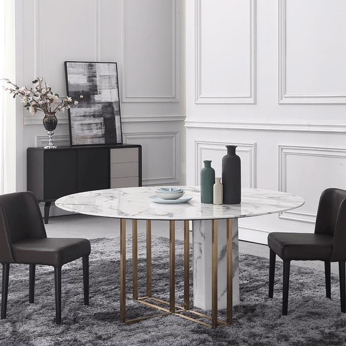 Modern Luxury 59" Round Dining Table With Faux Marble Top & Metal Base Large In Brushed Gold
