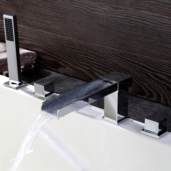 

Mero Contemporary Deck Mounted Waterfall Roman Tub Filler Bathtub Faucet in Polished Chrome Solid Brass