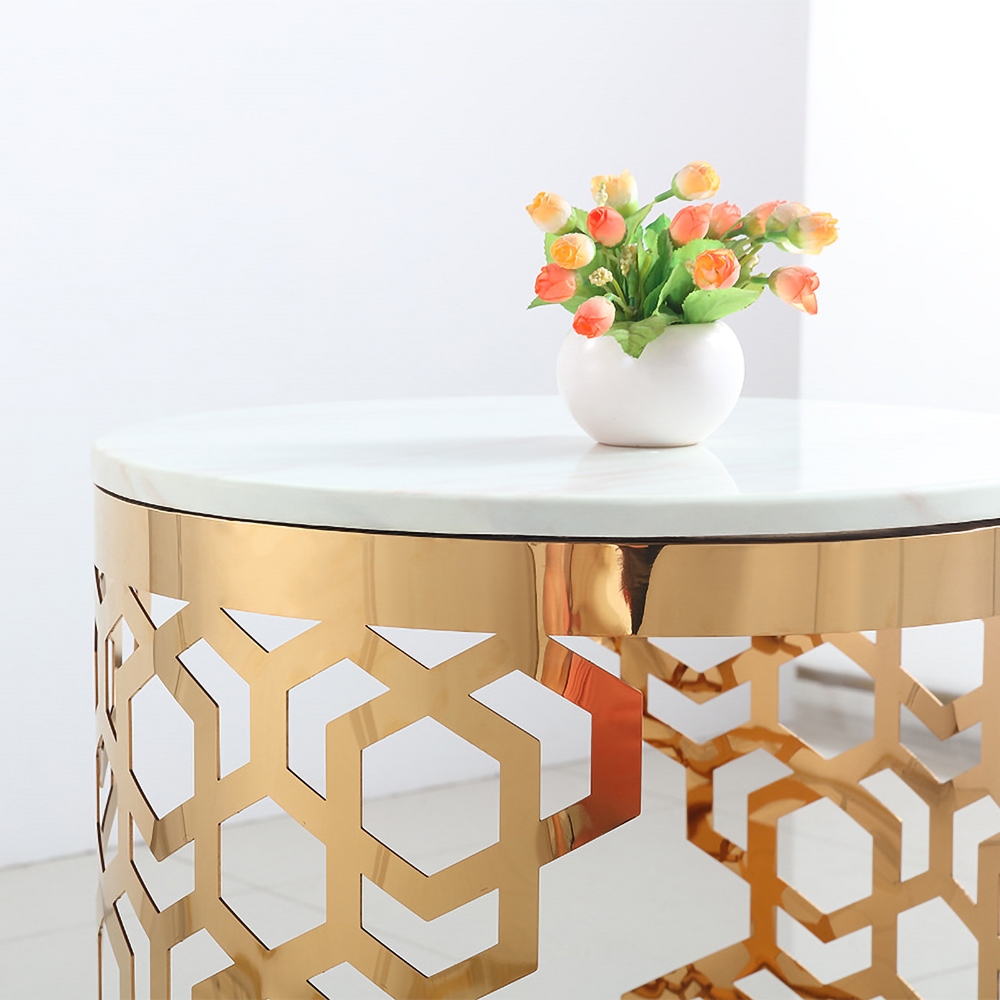 Gold Modern Round End Table with Marble Top Side Table