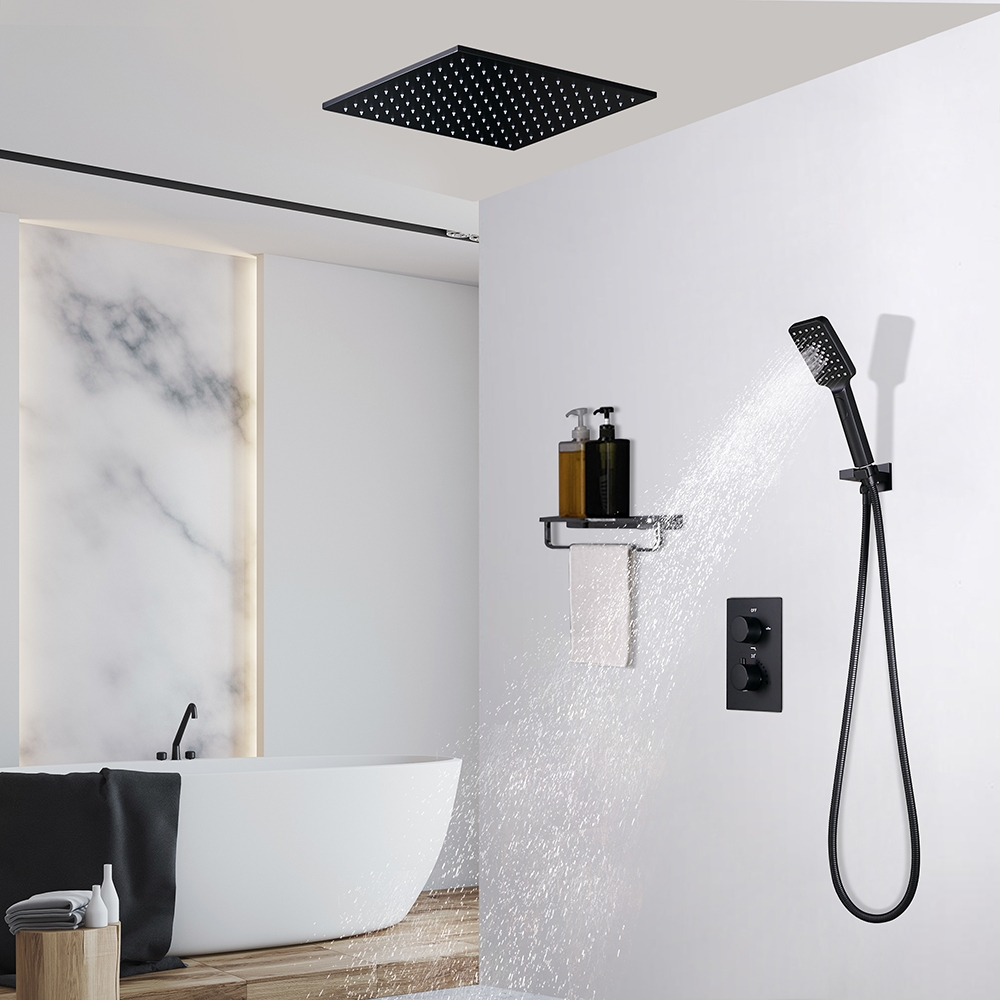 16'' 2-Function Thermostatic Black Shower System with Rain Shower and Handheld Shower