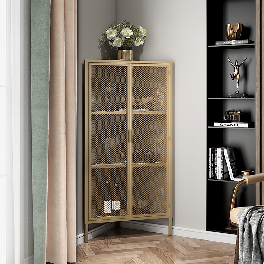 

White Corner Cabinet Triangle with 4-Shelf Industrial Storage Accent Cabinet in Gold