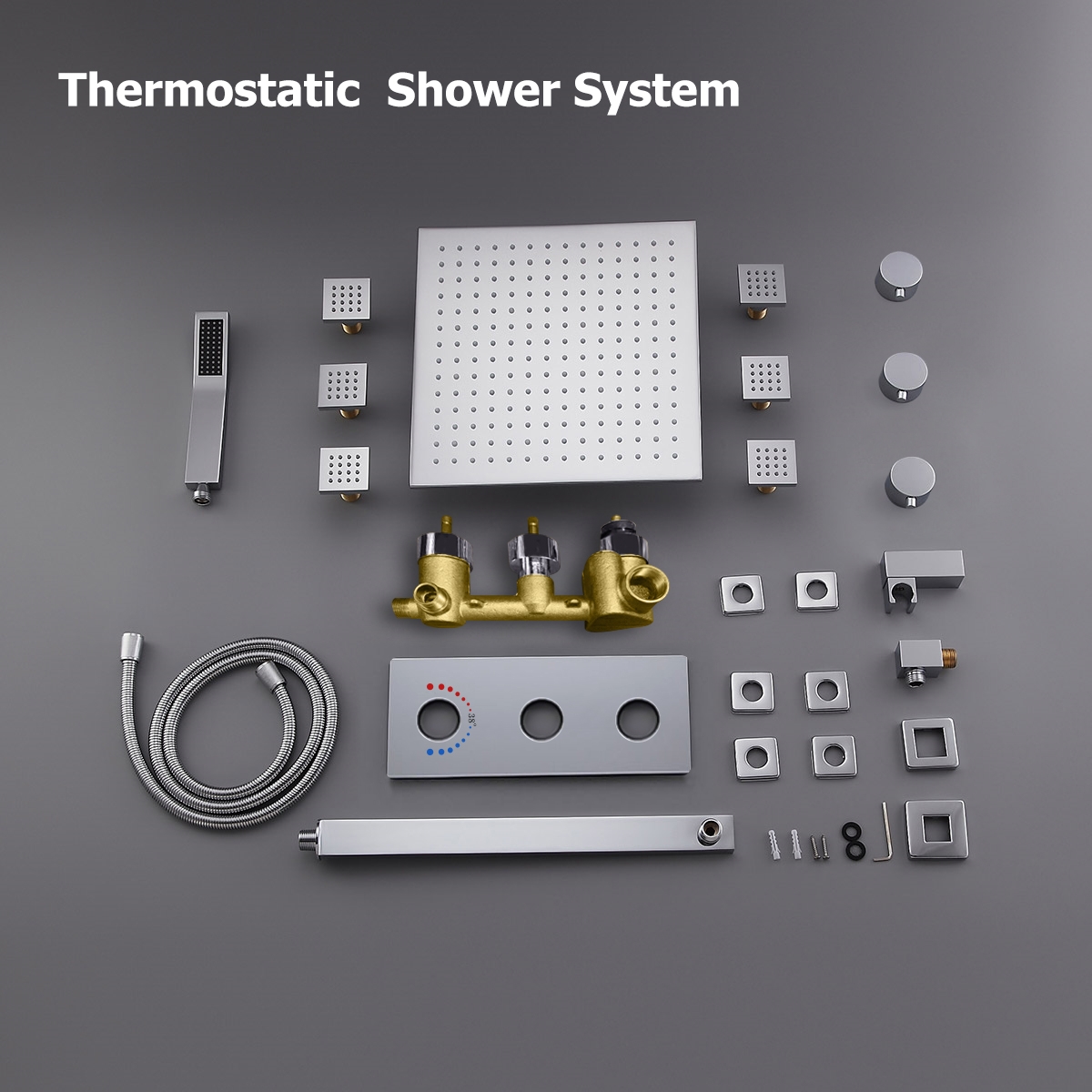 Modern LED Wall Mount 12" Rain Head with Hanshower & Body Spray Jets Thermostatic Shower Set in Polished Chrome Solid Brass