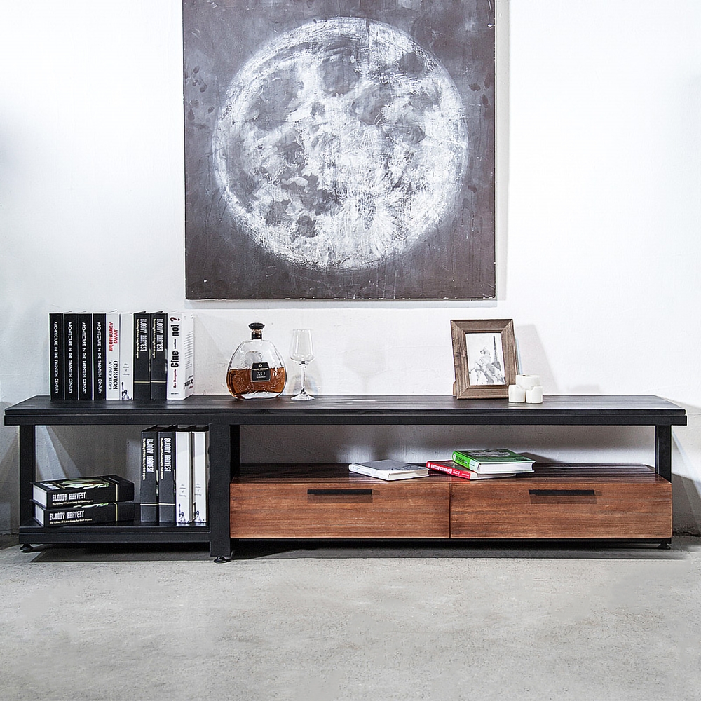 

71" Industrial TV Stand Walnut Color and Black with 3 Drawer and Open Shelf