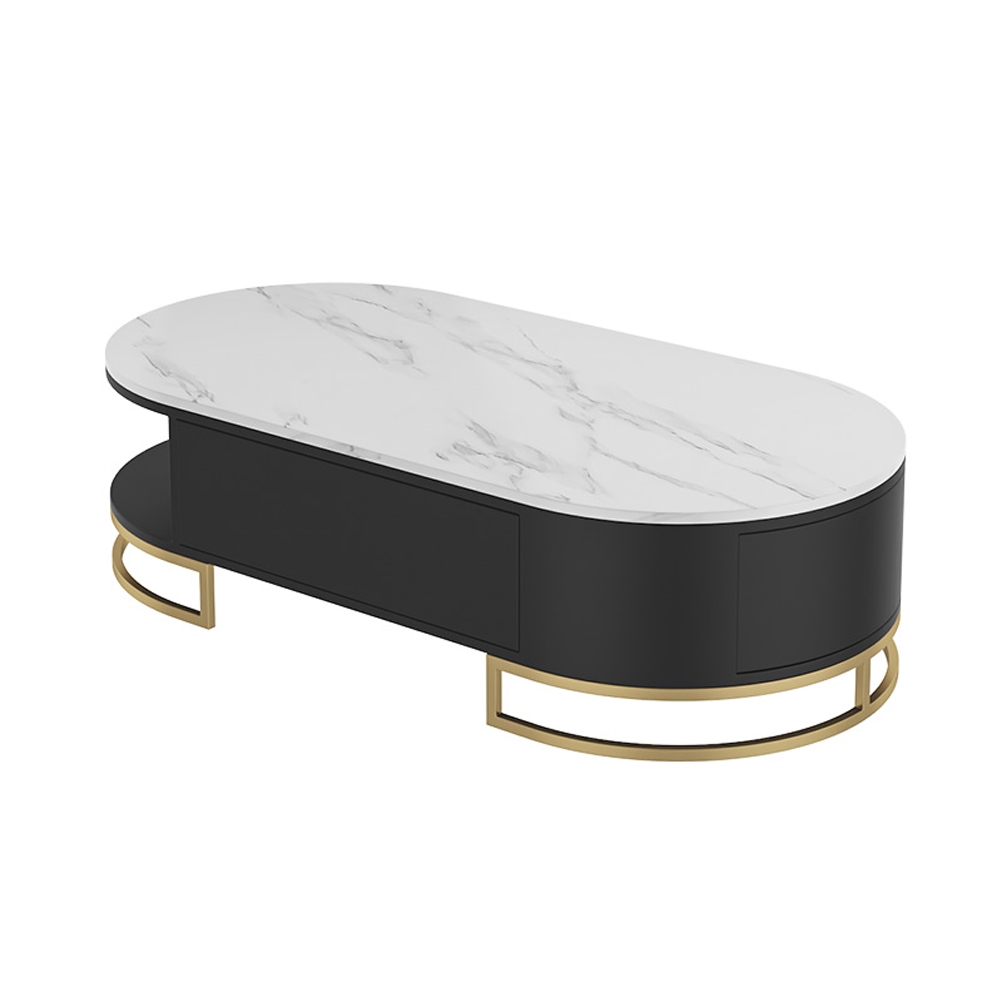 White Oval Storage Coffee Table with Drawers Stone Gold Base
