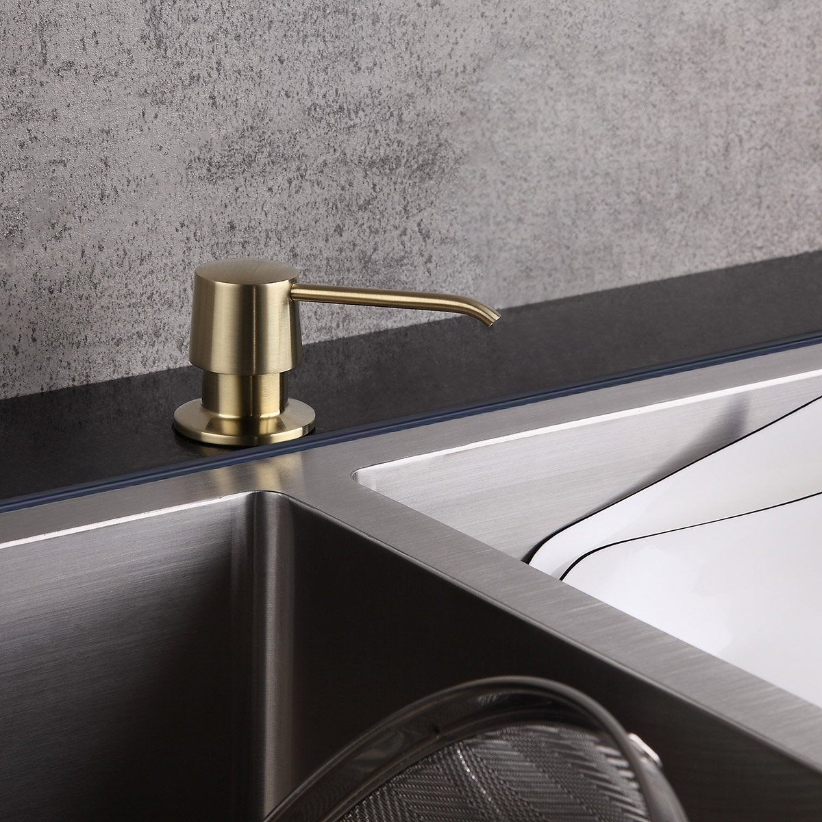 Image of Modern Deck Mount Sink Soap Dispenser Brushed Gold with Solid Brass Self-Priming Pump 12 OZ Bottle