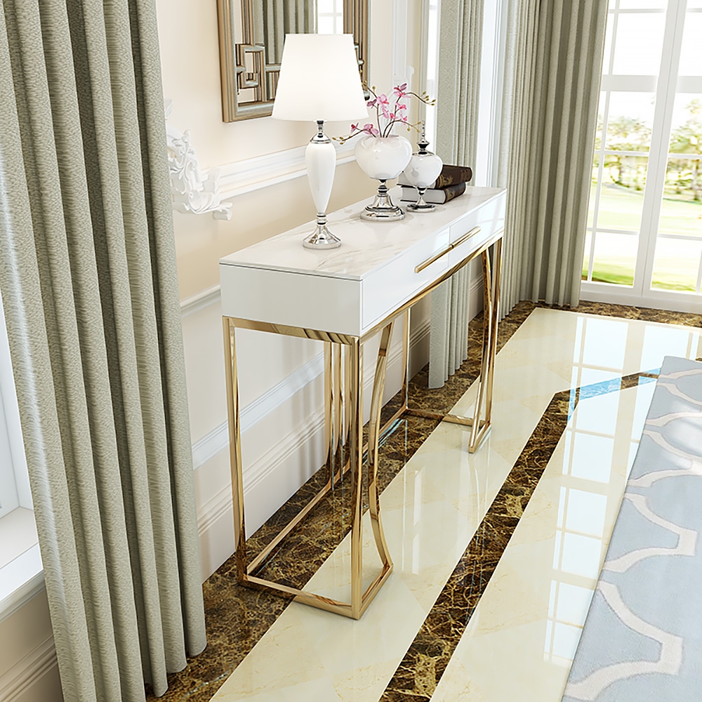 Modern White Marble Top Console Table with Drawers & Gold Legs for Hallway