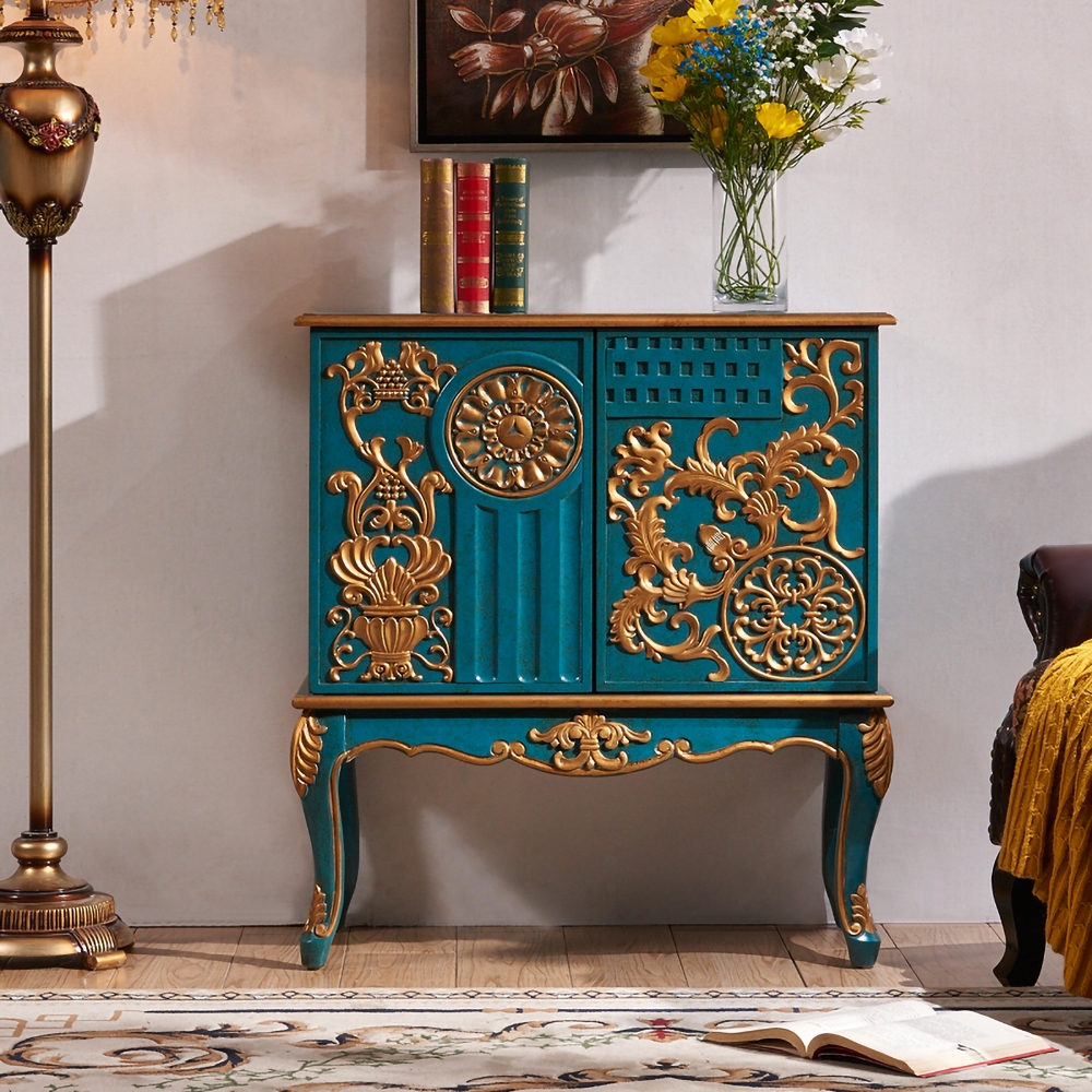

31" Classic Blue & Gold Shoe Cabinet Embossed Flower Patterns with Doors & Shelf