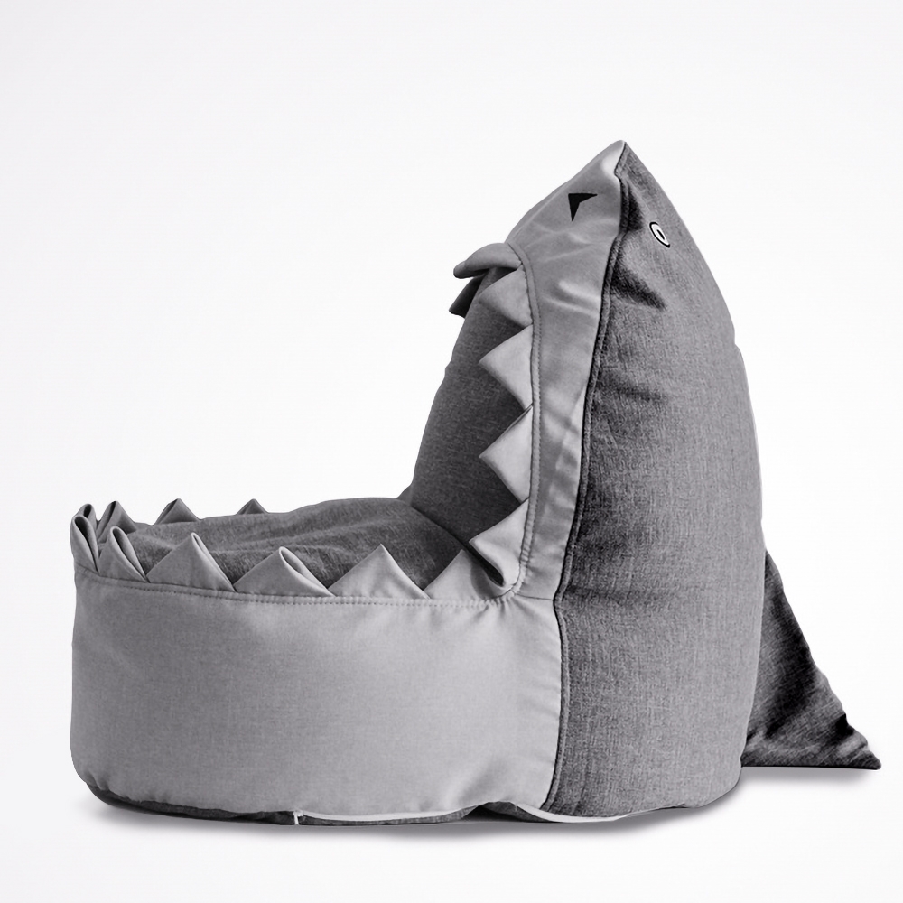 Image of Kid Gray Beanbag Chair Shark Shape Fabric and Foam