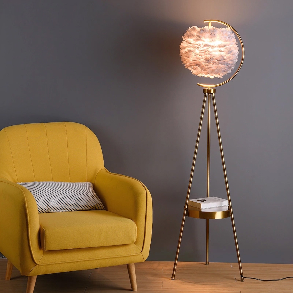 Modern Gold Feather Floor Lamp with Shelf Tripod Stand Lamp