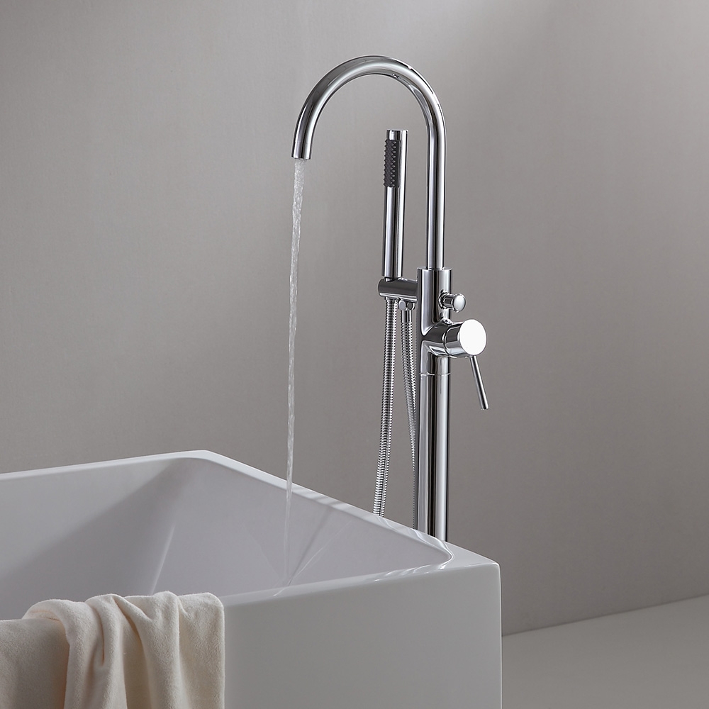 Image of Brewst Floor Mount Tub Filler Brass Freestanding Bathtub Faucet with Hand Shower