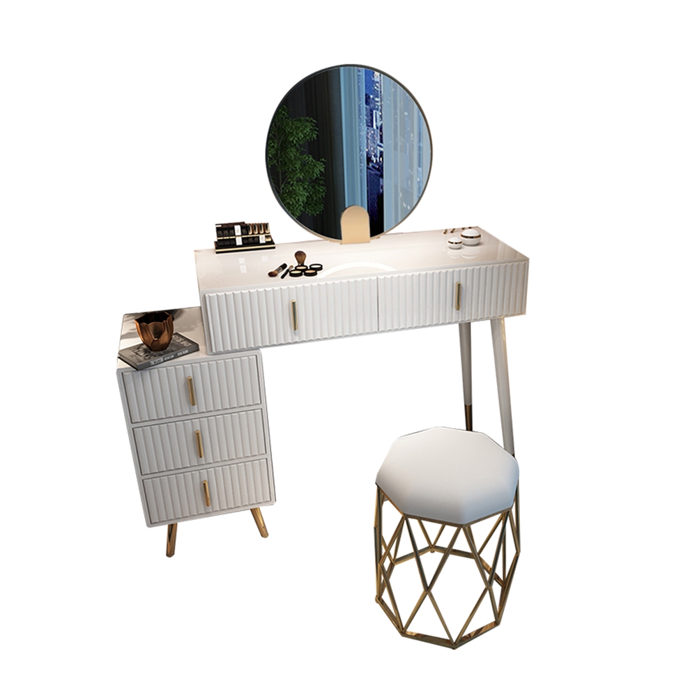 Modern White Wood Makeup Vanity Dressing Table with Storage 5 Drawers & Mirror & Stool