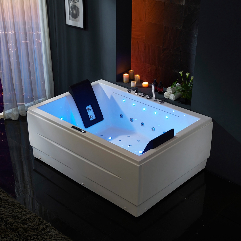 Image of 71" Modern Acrylic Corner Bathtub Whirlpool Air Massage 3 Sided Apron Tub in White Chromatherapy LED