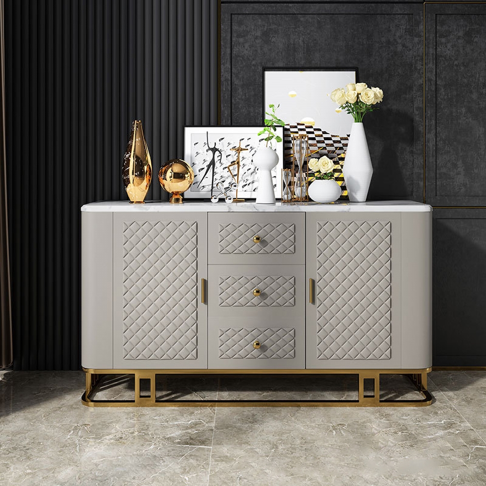 

Contemporary Sideboard Buffet Faux Marble Top Kitchen Sideboard Faux Leather Upholstery