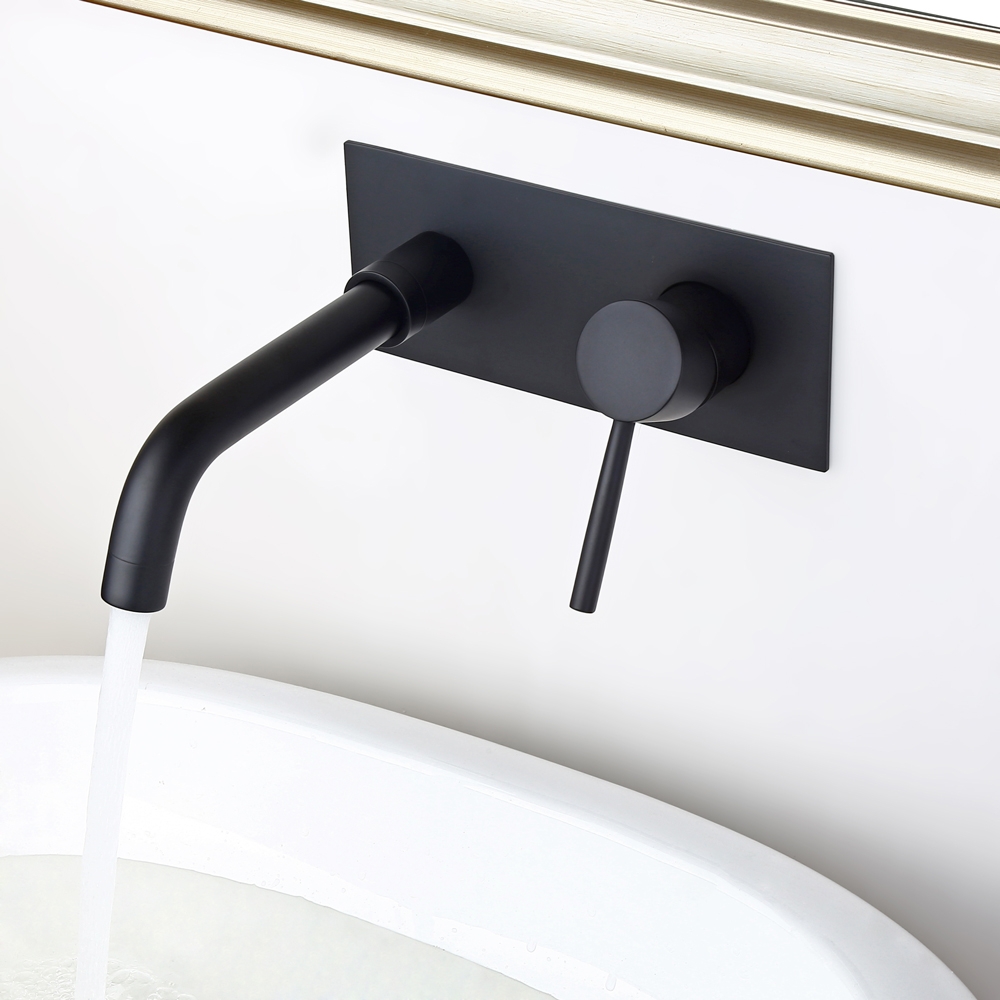 Contemporary Solid Brass Wall-Mount Sink Faucet for Bathroom with Single Handle in Matte Black